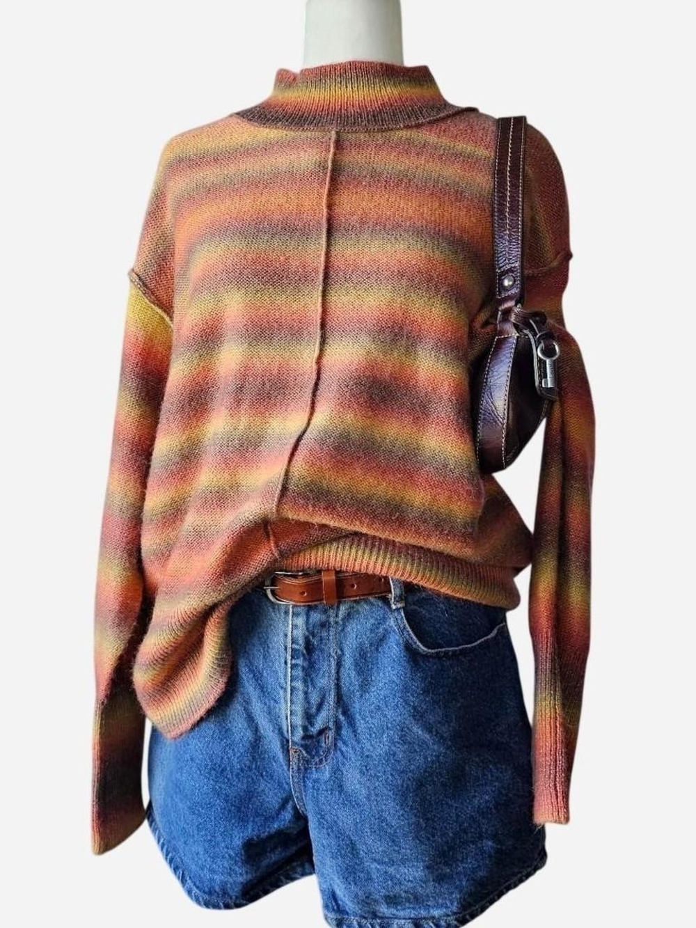 beachlunchlounge Striped Cowl-Neck Sweater in Rust, Yellow & Brown Xlarge